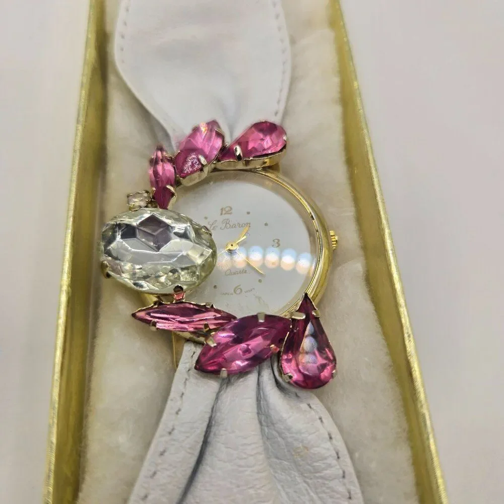 Vintage 80s Le Baron Watch Bracelet White Leather Crystal Pink Glam